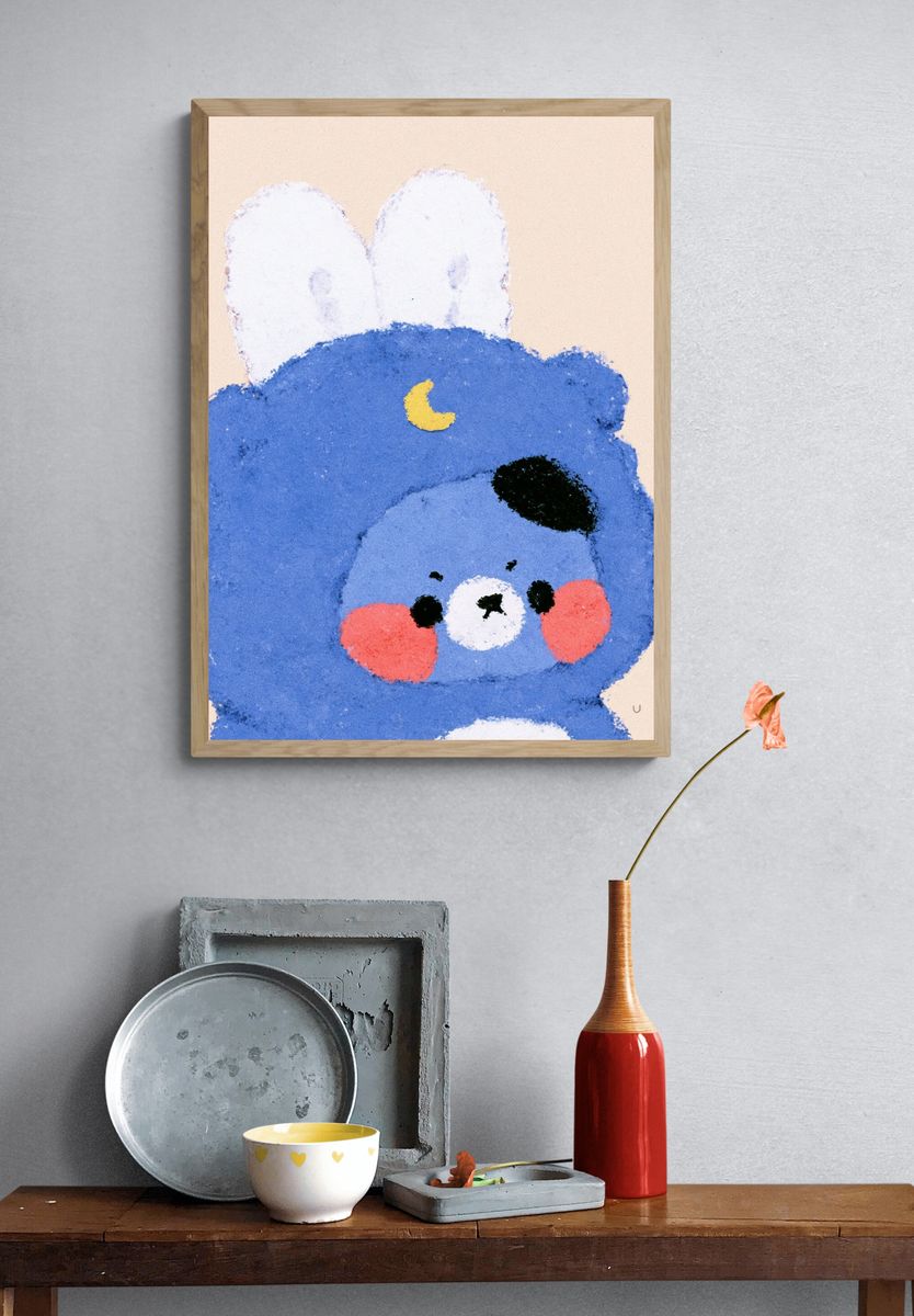 Blue Bunny Face Illustration Print. — room view 3