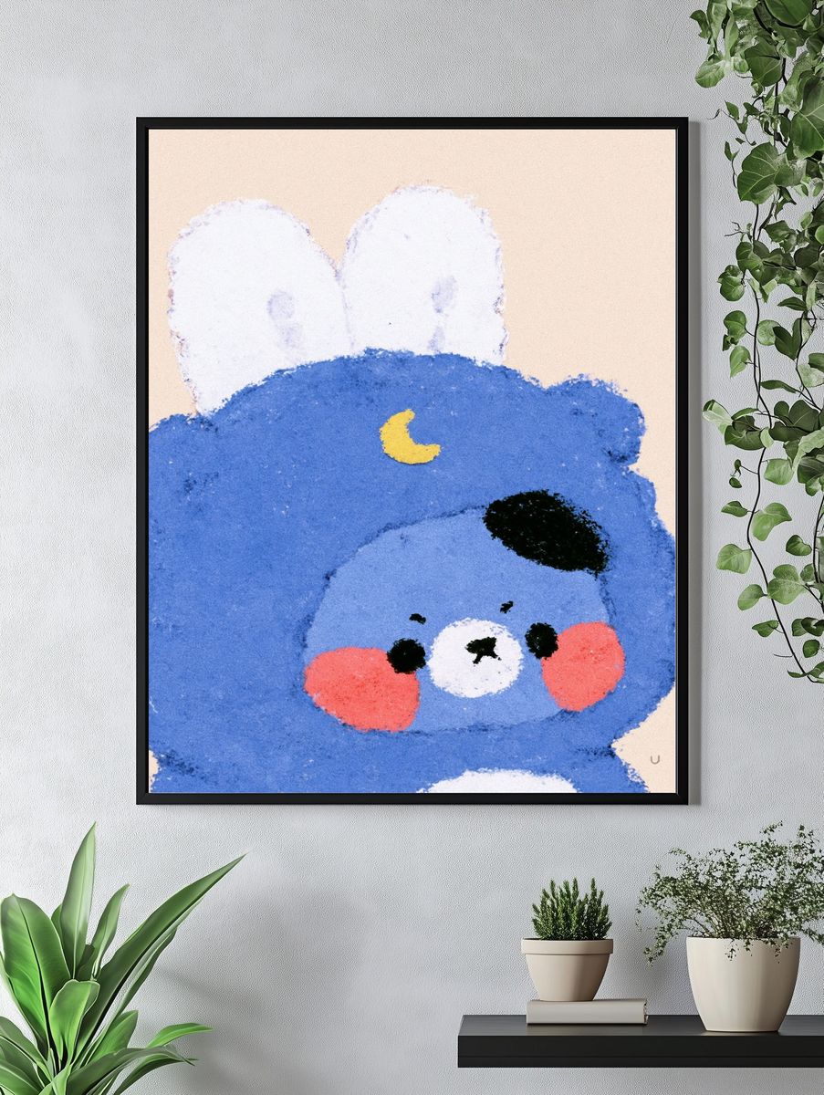 Blue Bunny Face Illustration Print. — room view 4