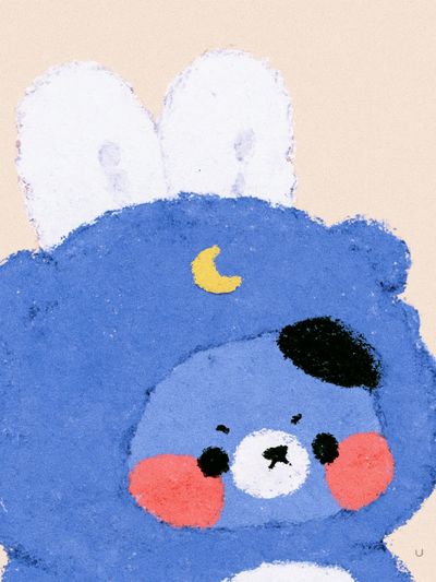 Blue Bunny Face Illustration Print.
