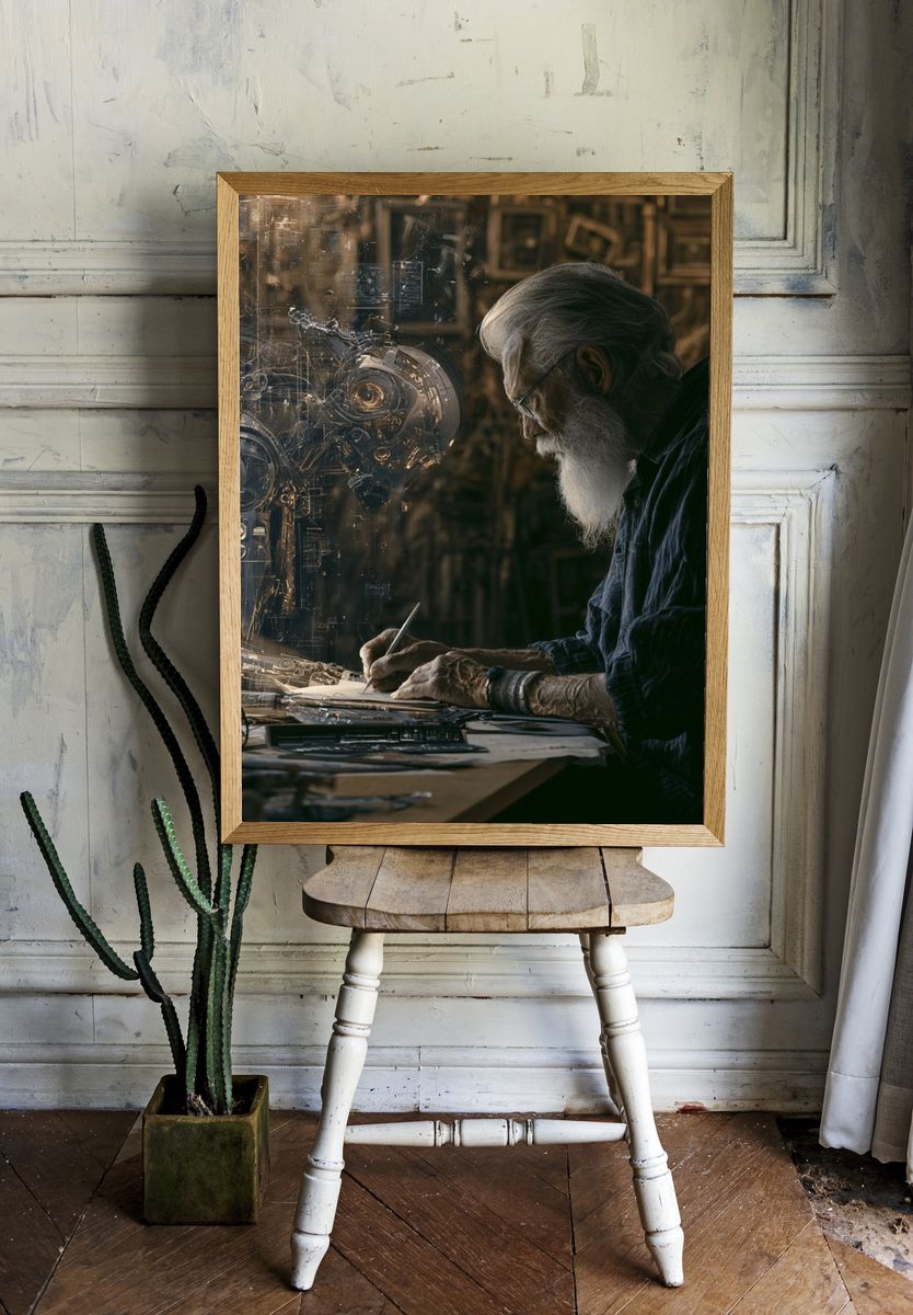 Steampunk Inventor Portrait Print. room preview