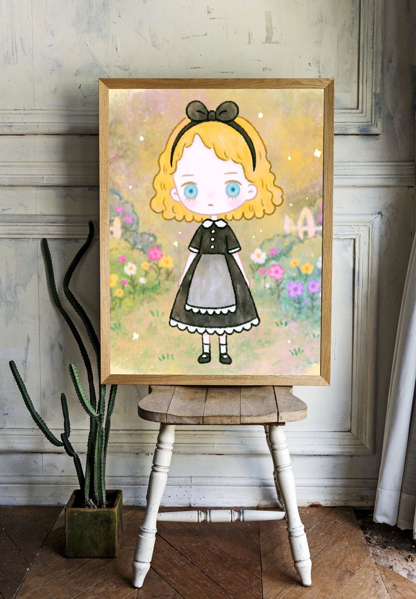 Blonde Girl in Flower Garden Illustration Poster. room preview