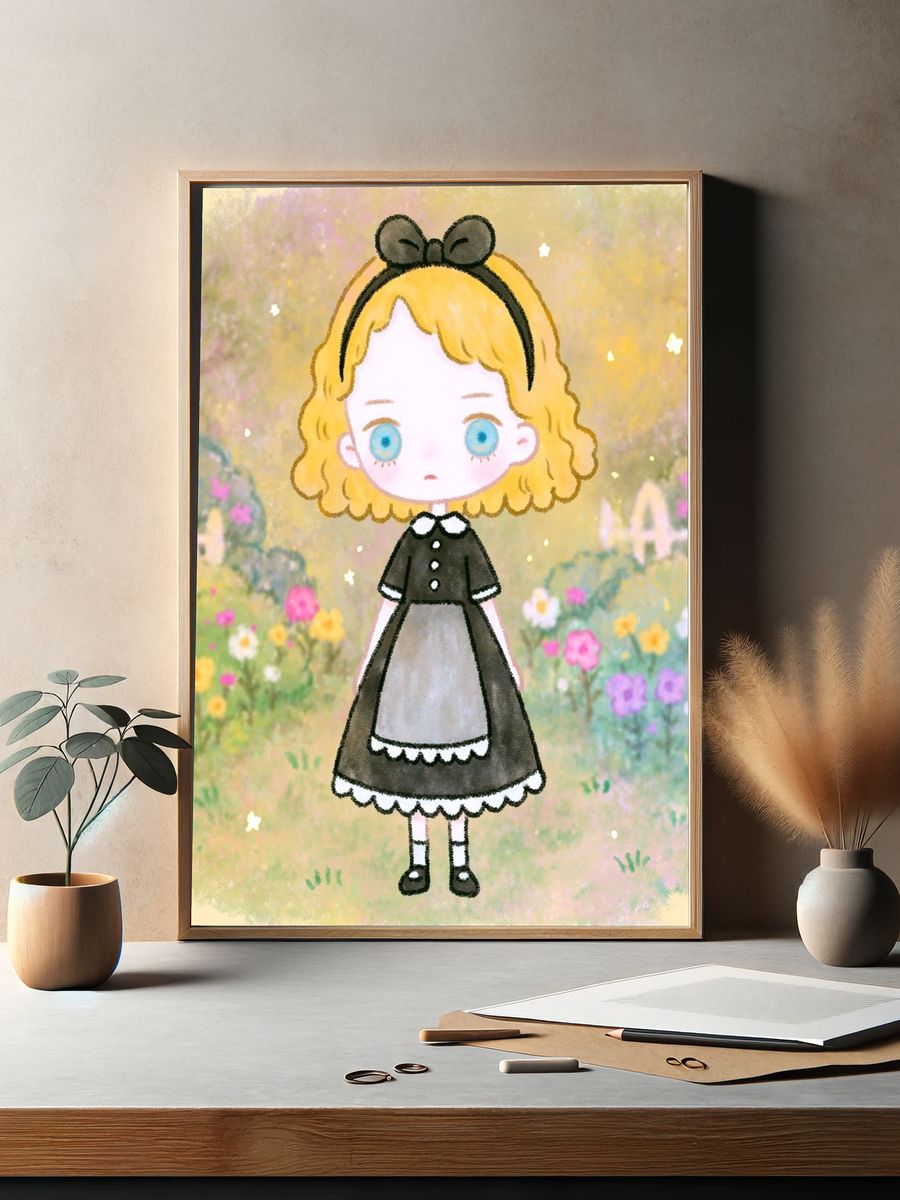 Blonde Girl in Flower Garden Illustration Poster. — room view 2