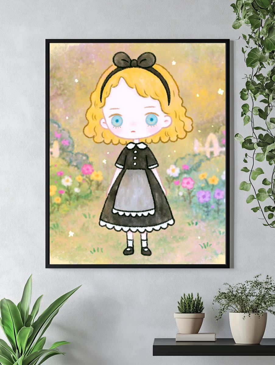 Blonde Girl in Flower Garden Illustration Poster. — room view 4