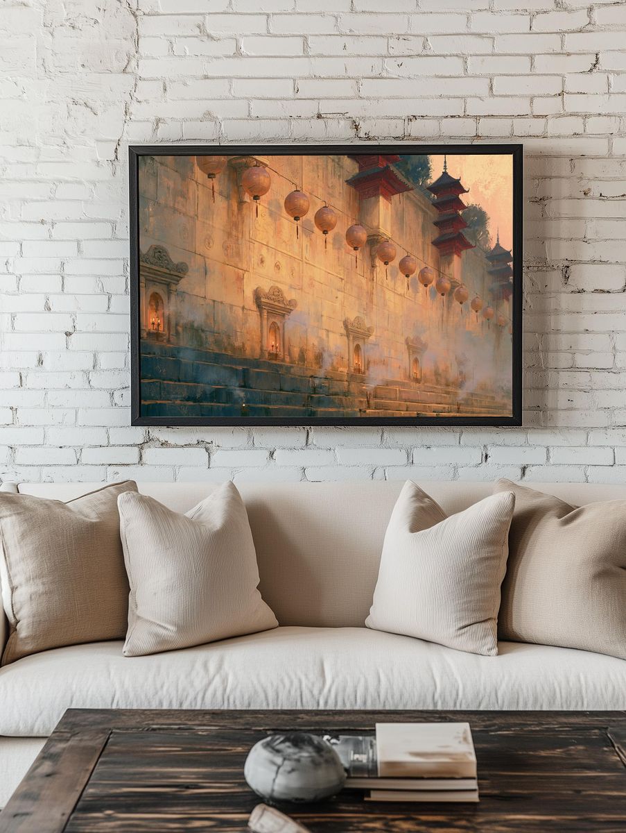 Temple Wall Lanterns Illustration Print. room preview