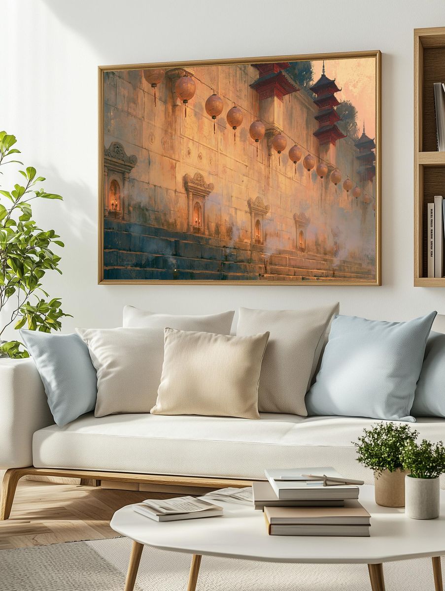 Temple Wall Lanterns Illustration Print. — room view 2