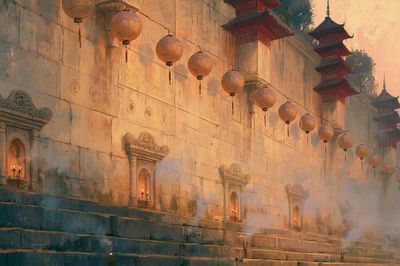 Temple Wall Lanterns Illustration Print. poster