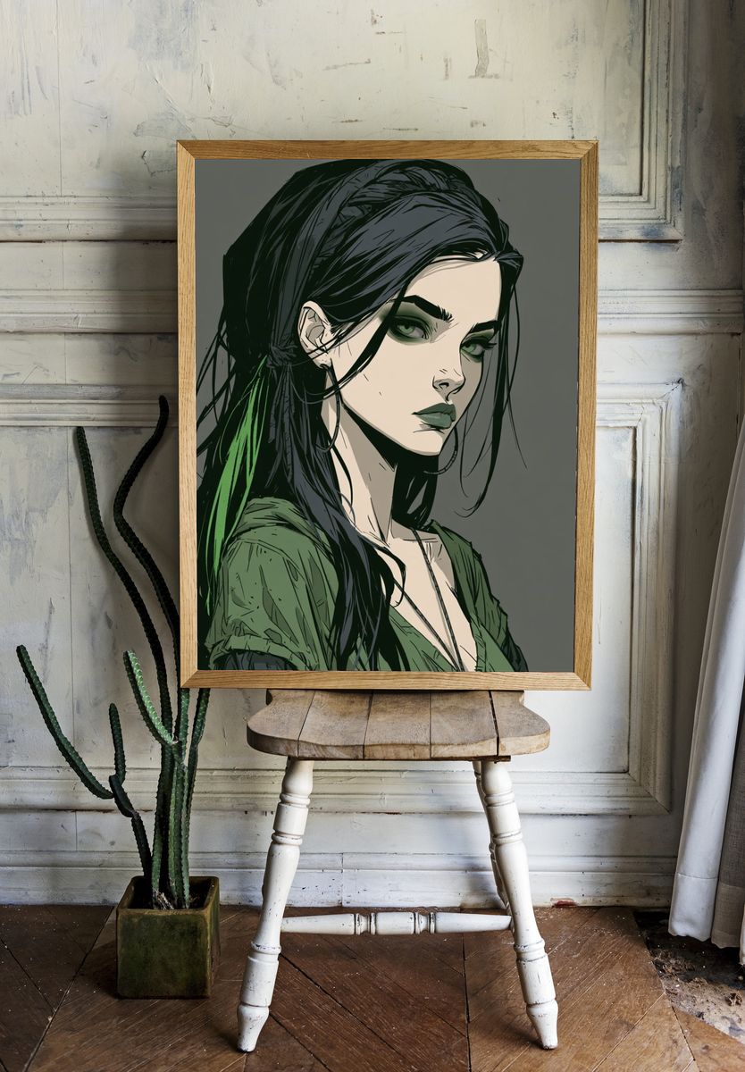 Green-Haired Woman Illustration Poster. room preview