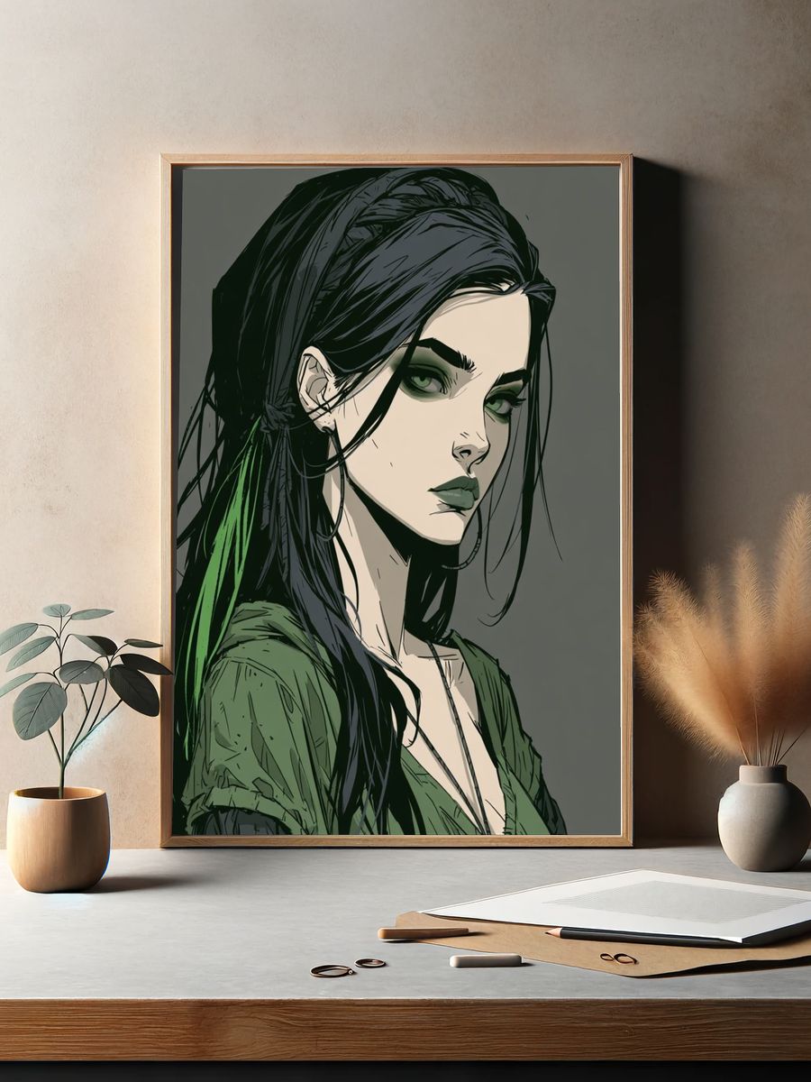 Green-Haired Woman Illustration Poster. — room view 2