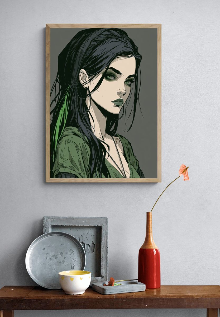 Green-Haired Woman Illustration Poster. — room view 3