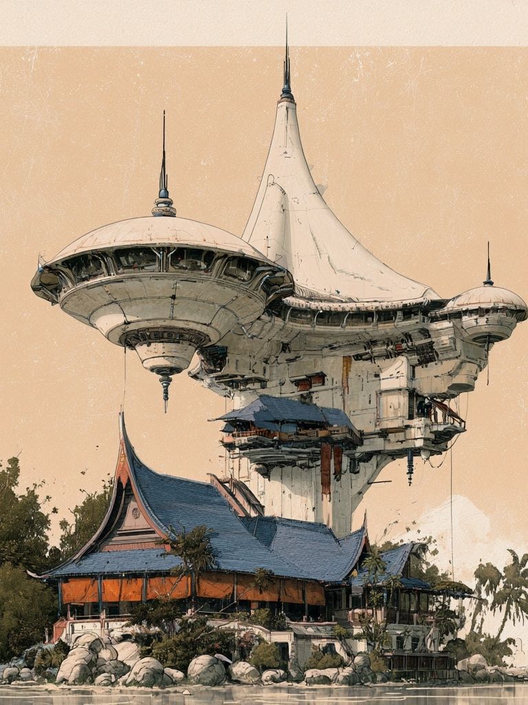Futuristic Temple Landscape Print. poster — illustration art