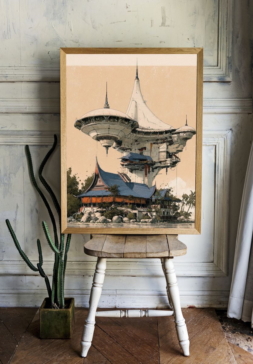 Futuristic Temple Landscape Print. room preview