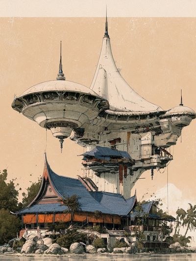 Futuristic Temple Landscape Print.