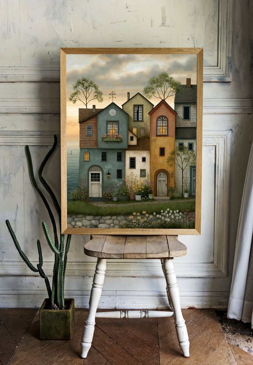 Coastal Village Houses Illustration Poster. — room view 1