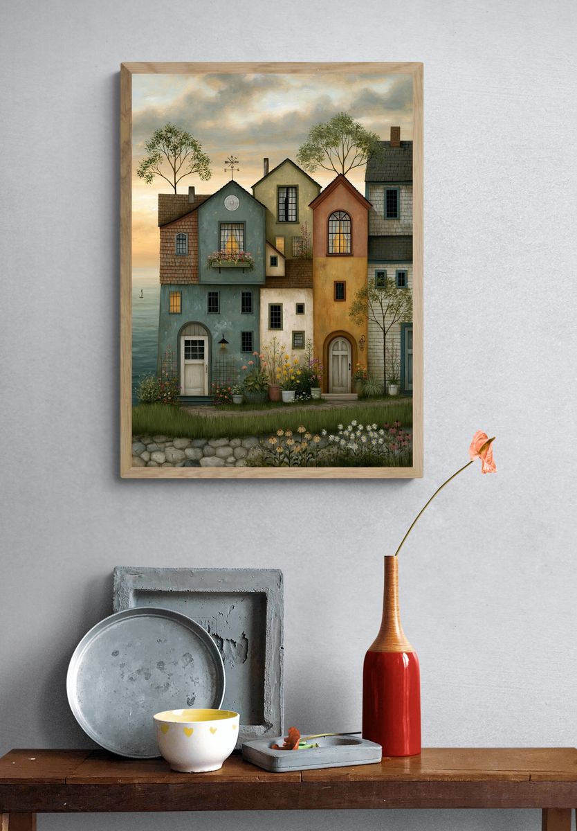 Coastal Village Houses Illustration Poster. — room view 3