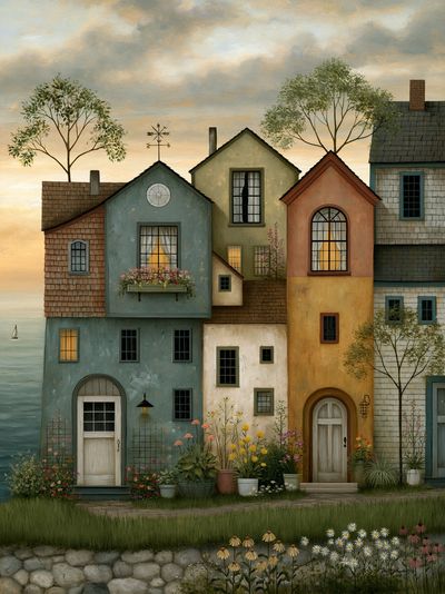 Coastal Village Houses Illustration Poster.