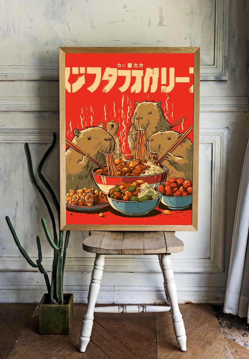 Capybara Noodle Feast Illustration Poster. — room view 1