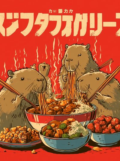 Capybara Noodle Feast Illustration Poster.