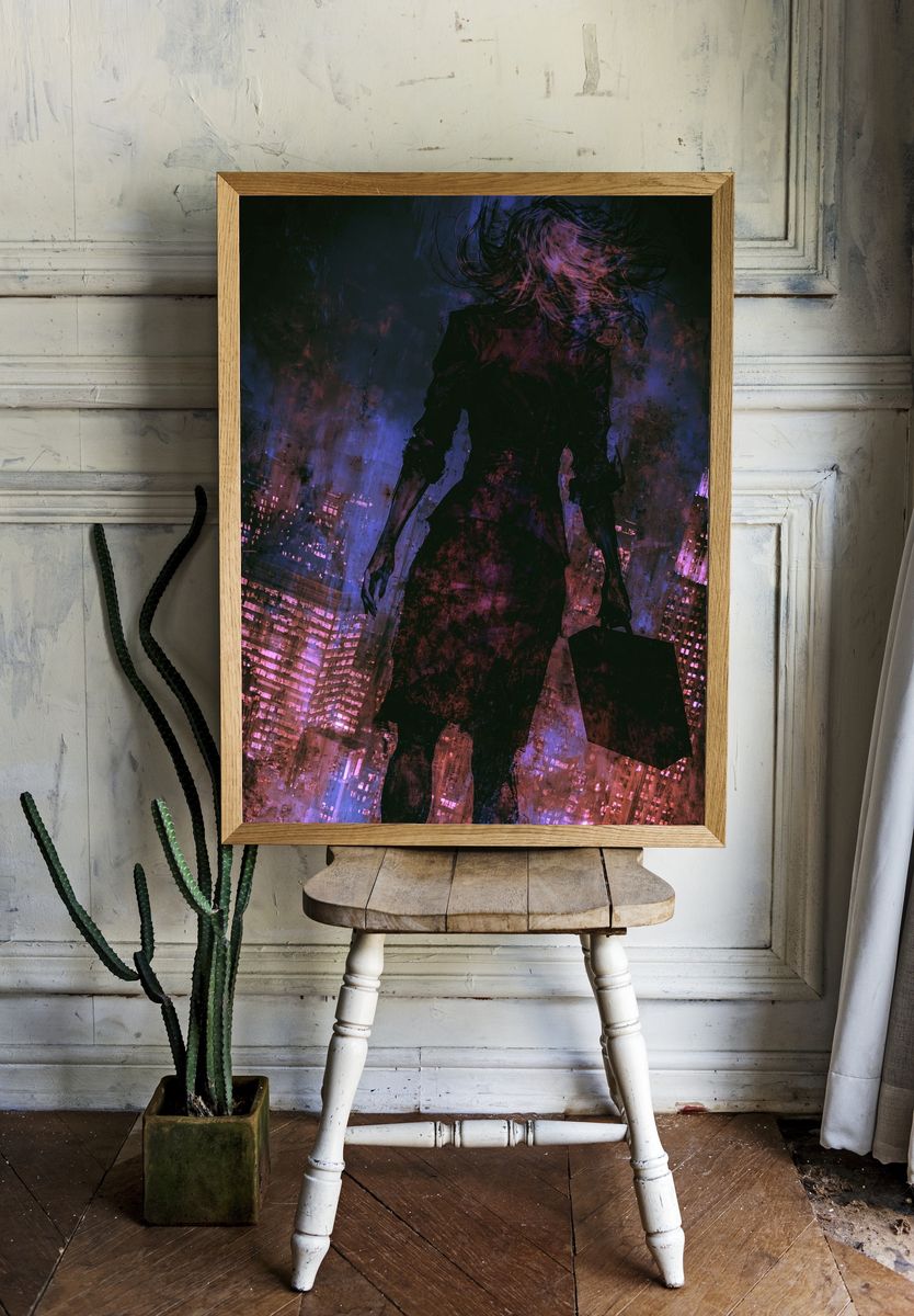 Neon City Silhouette Digital Art Poster. — room view 1