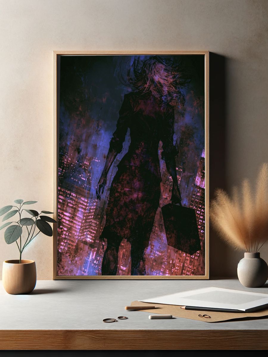 Neon City Silhouette Digital Art Poster. — room view 2