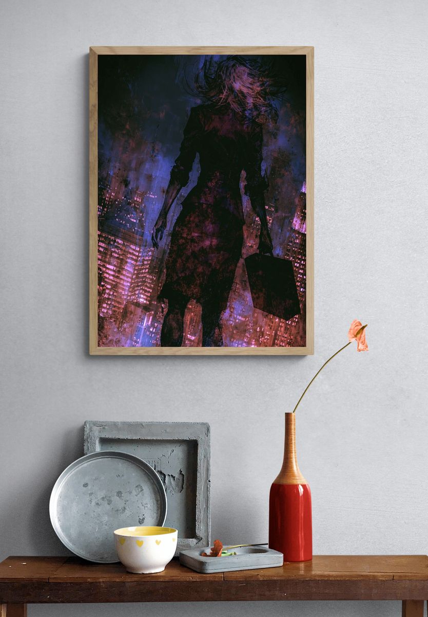 Neon City Silhouette Digital Art Poster. — room view 3