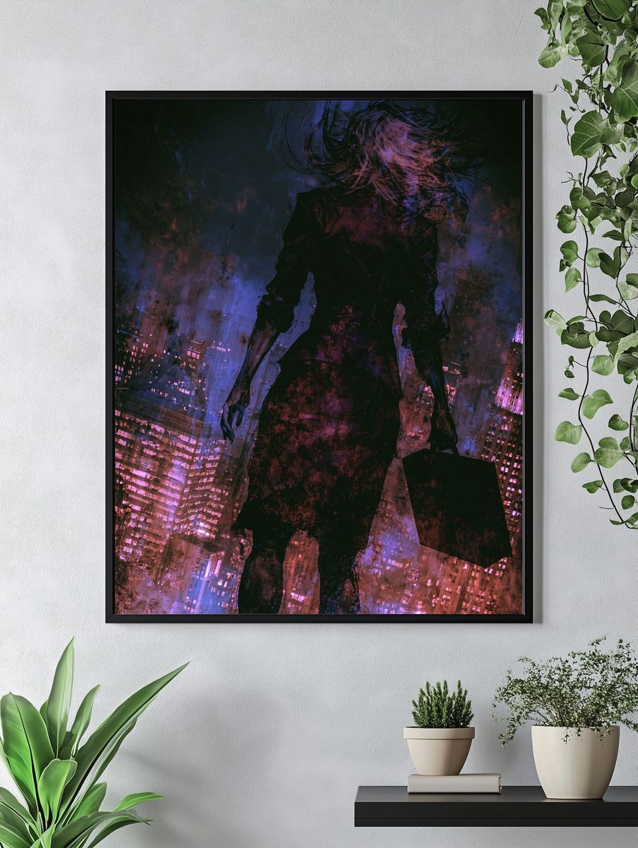 Neon City Silhouette Digital Art Poster. — room view 4