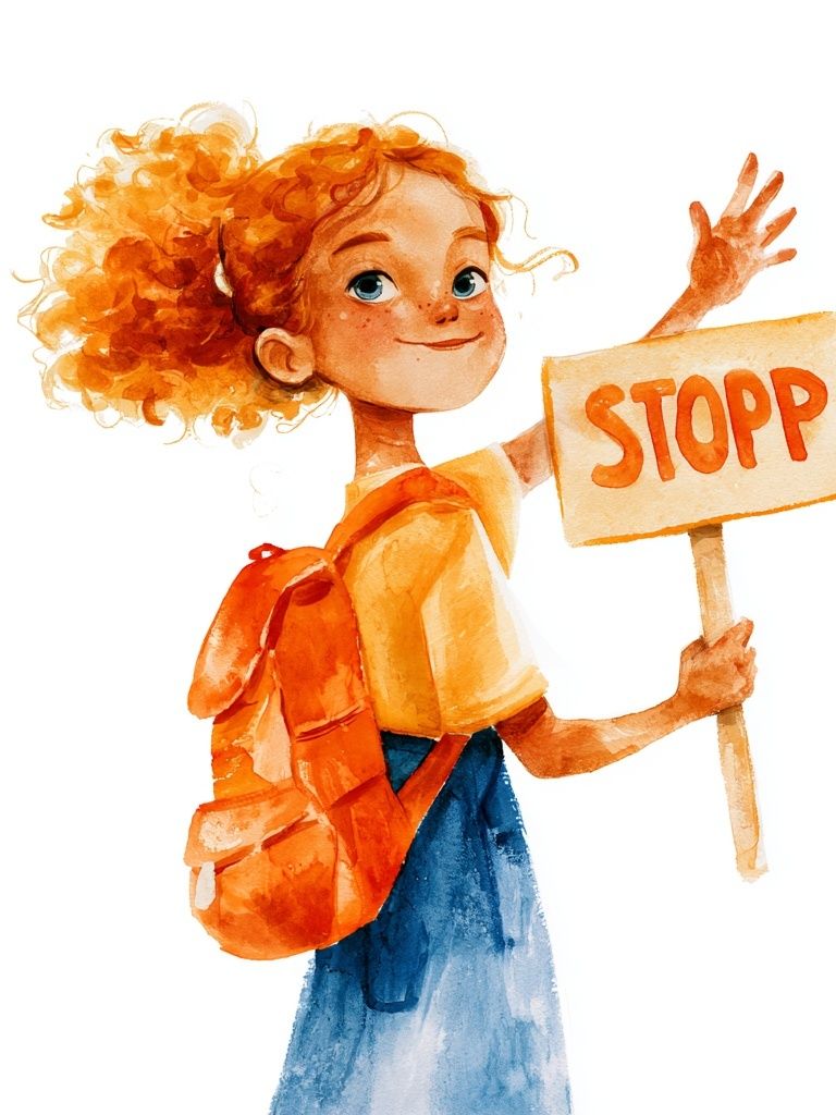 Girl with Stop Sign Watercolor Print. poster — illustration art