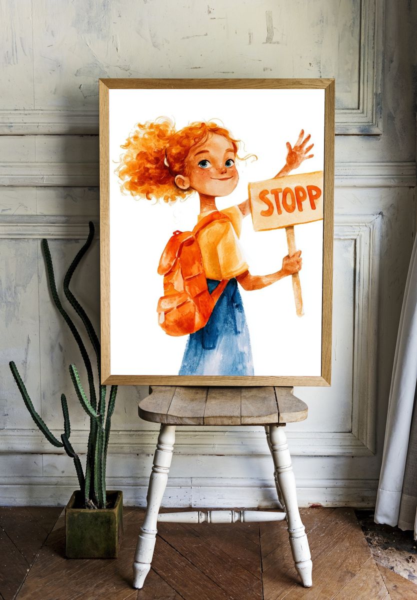 Girl with Stop Sign Watercolor Print. room preview