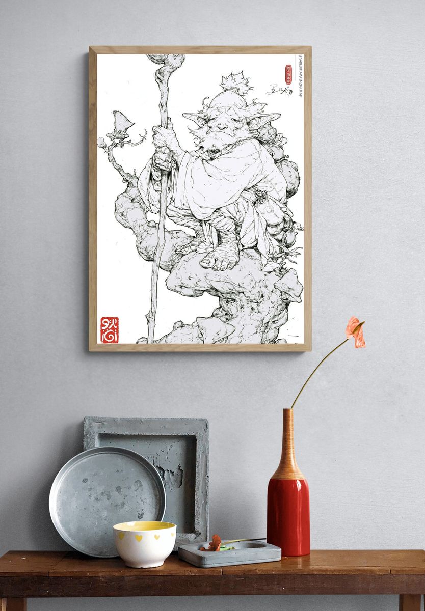 Goblin Elder Ink Illustration Poster. — room view 3