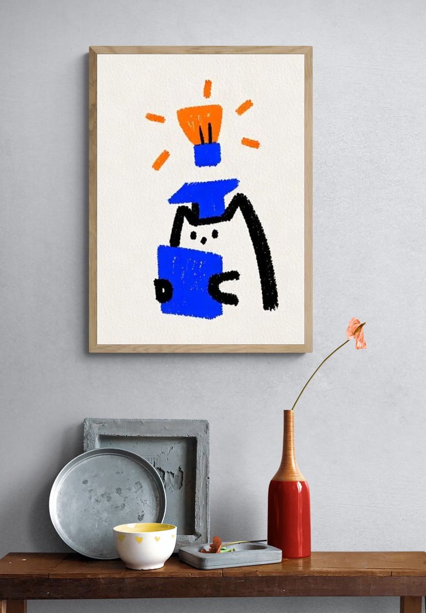 Playful Cat Lamp Illustration Poster. — room view 3
