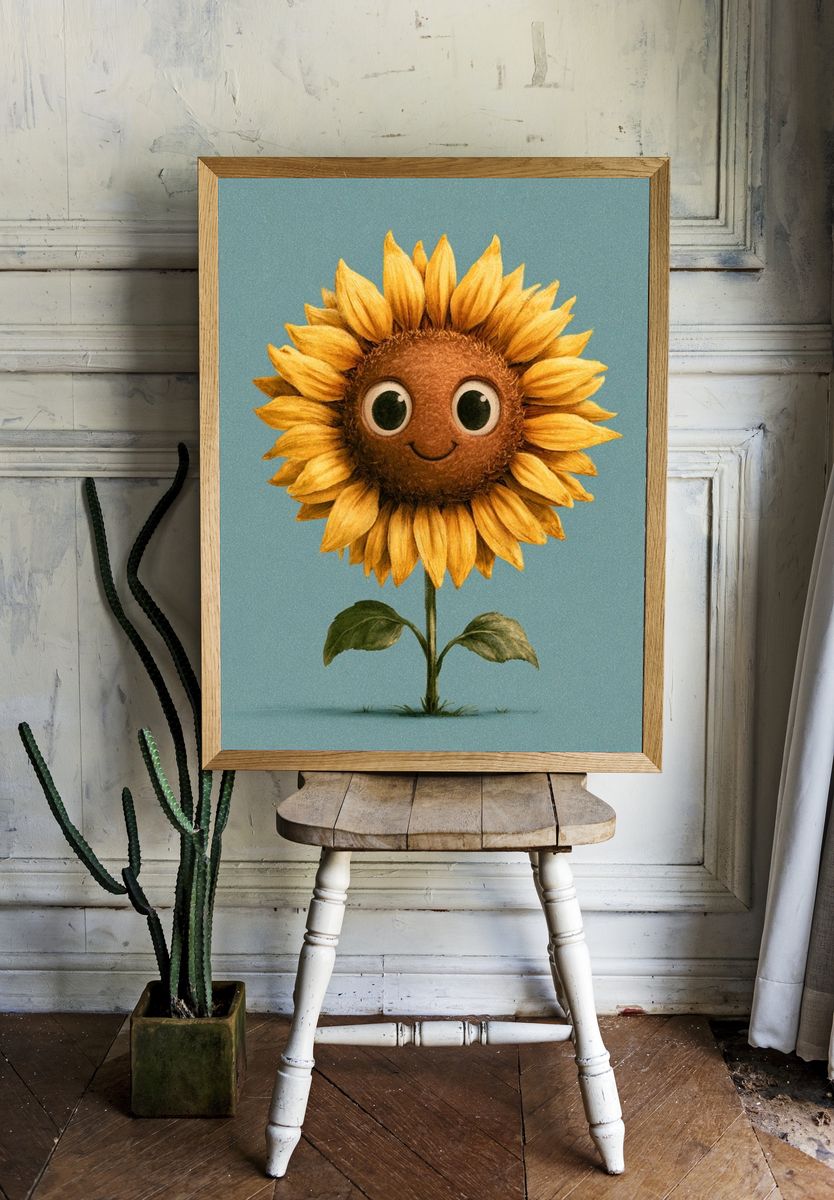 Smiling Sunflower Illustration Poster. — room view 1