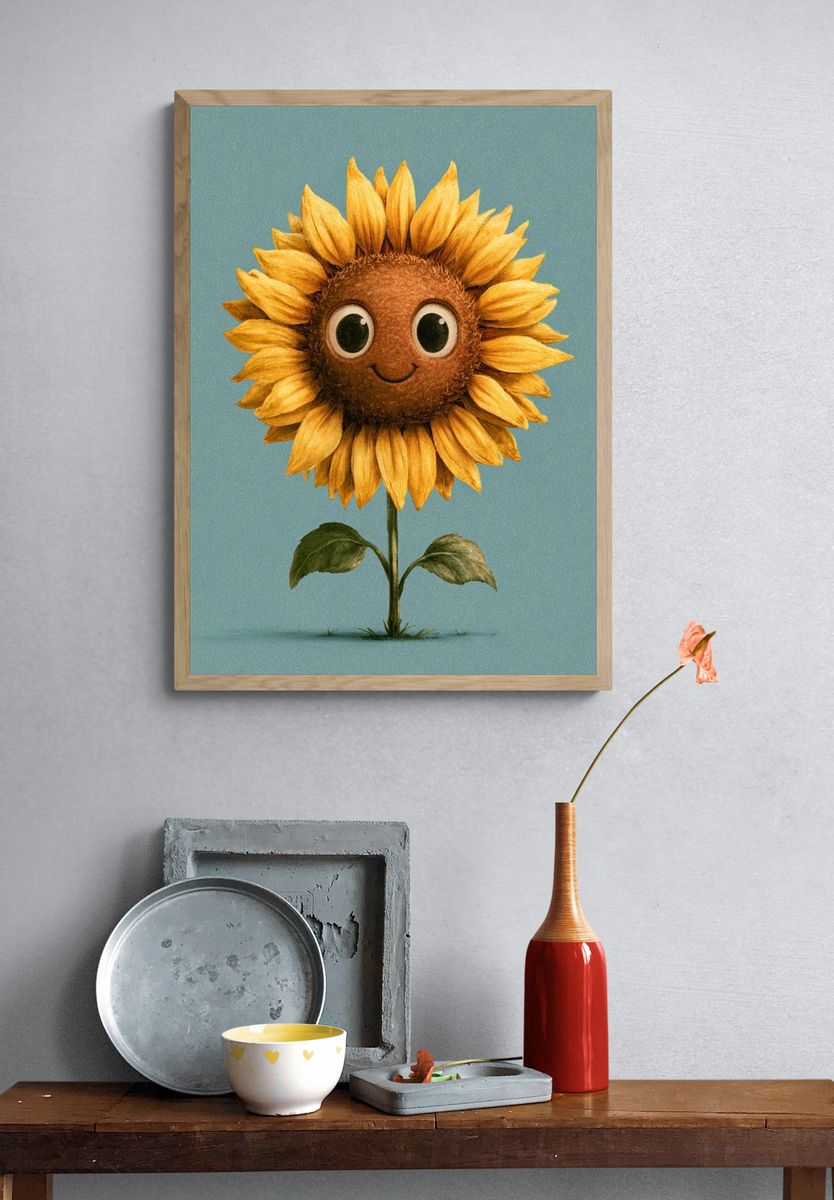 Smiling Sunflower Illustration Poster. — room view 3
