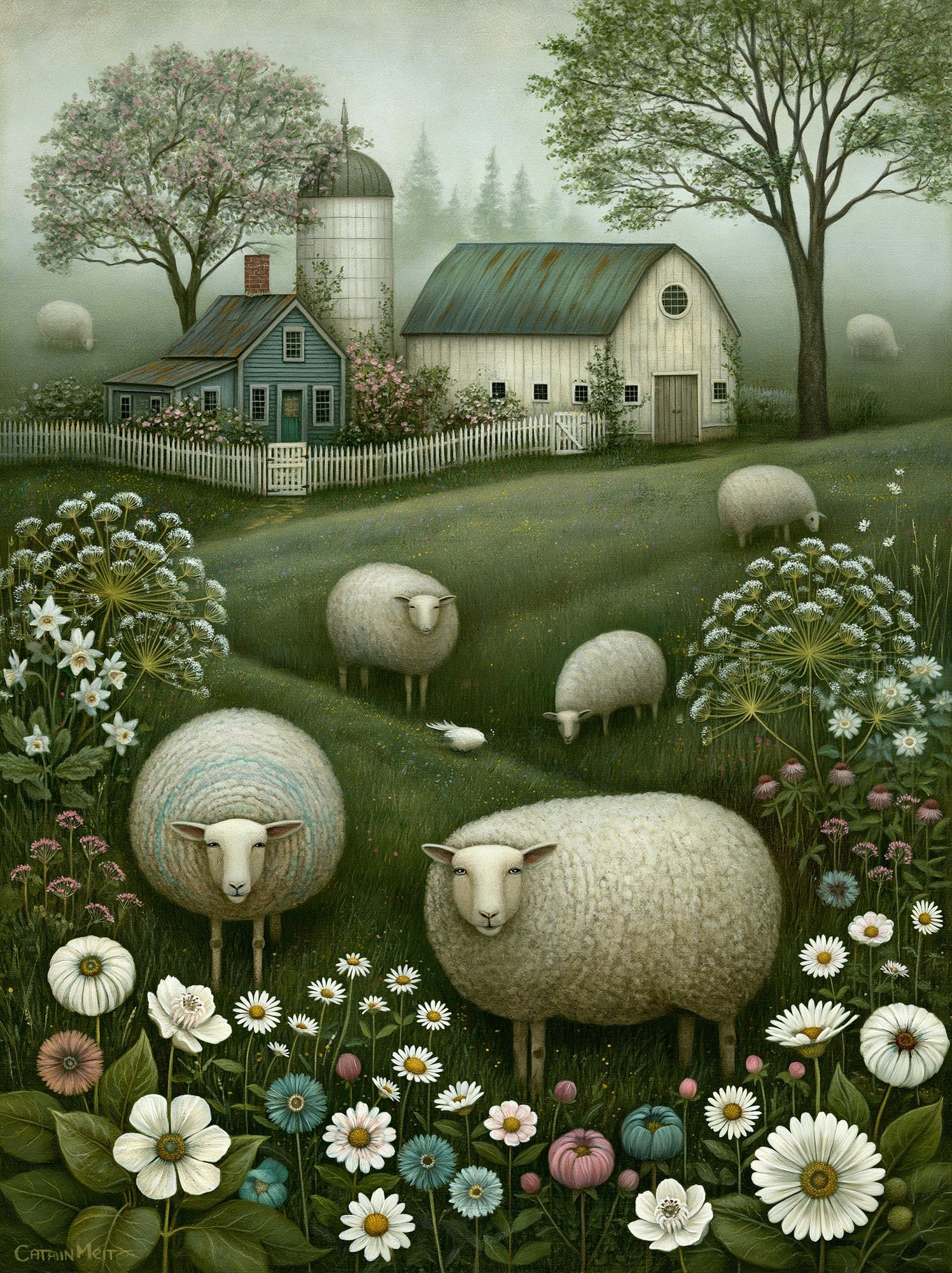 Pastoral Sheep Meadow Illustration Poster. poster detail