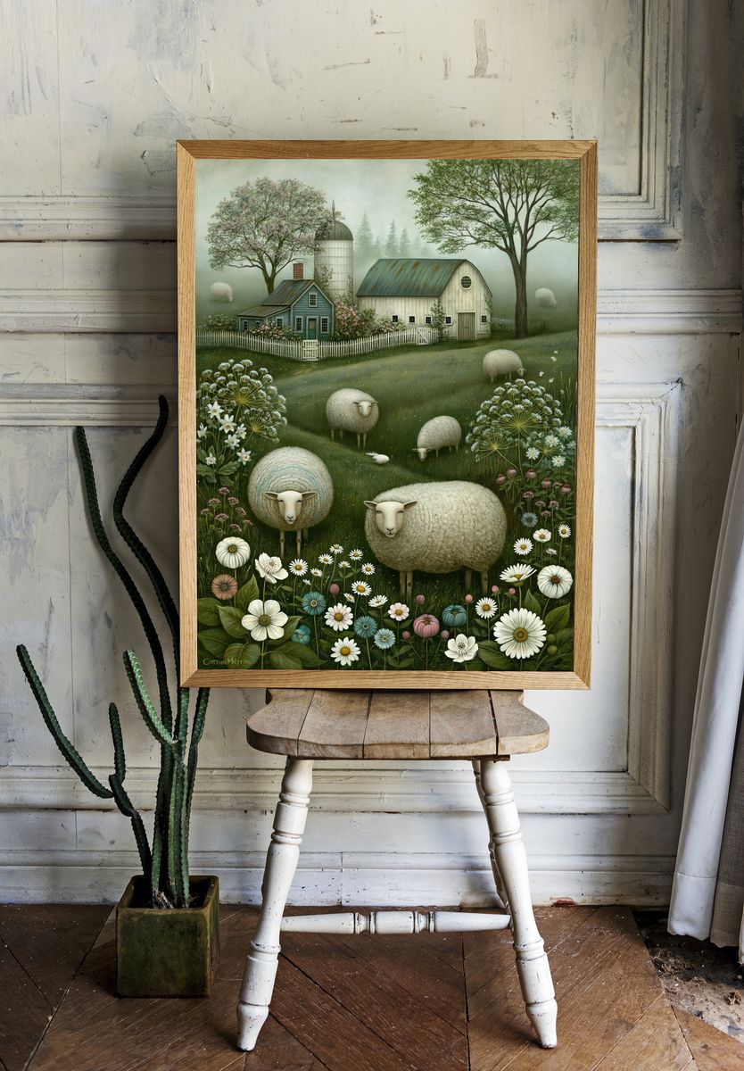 Pastoral Sheep Meadow Illustration Poster. — room view 1