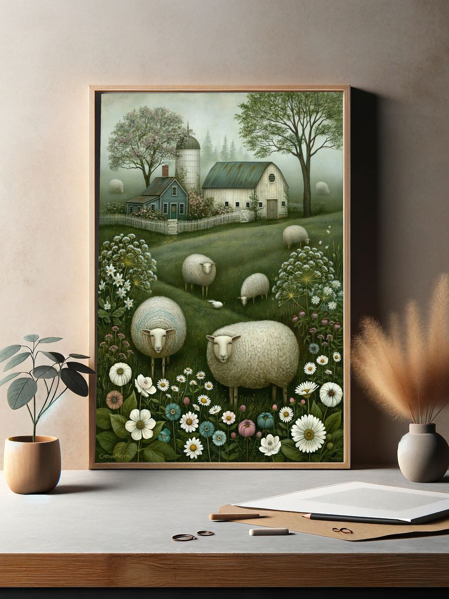 Pastoral Sheep Meadow Illustration Poster. — room view 2