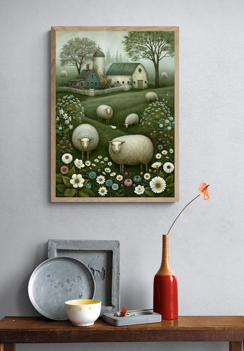 Pastoral Sheep Meadow Illustration Poster. — room view 3