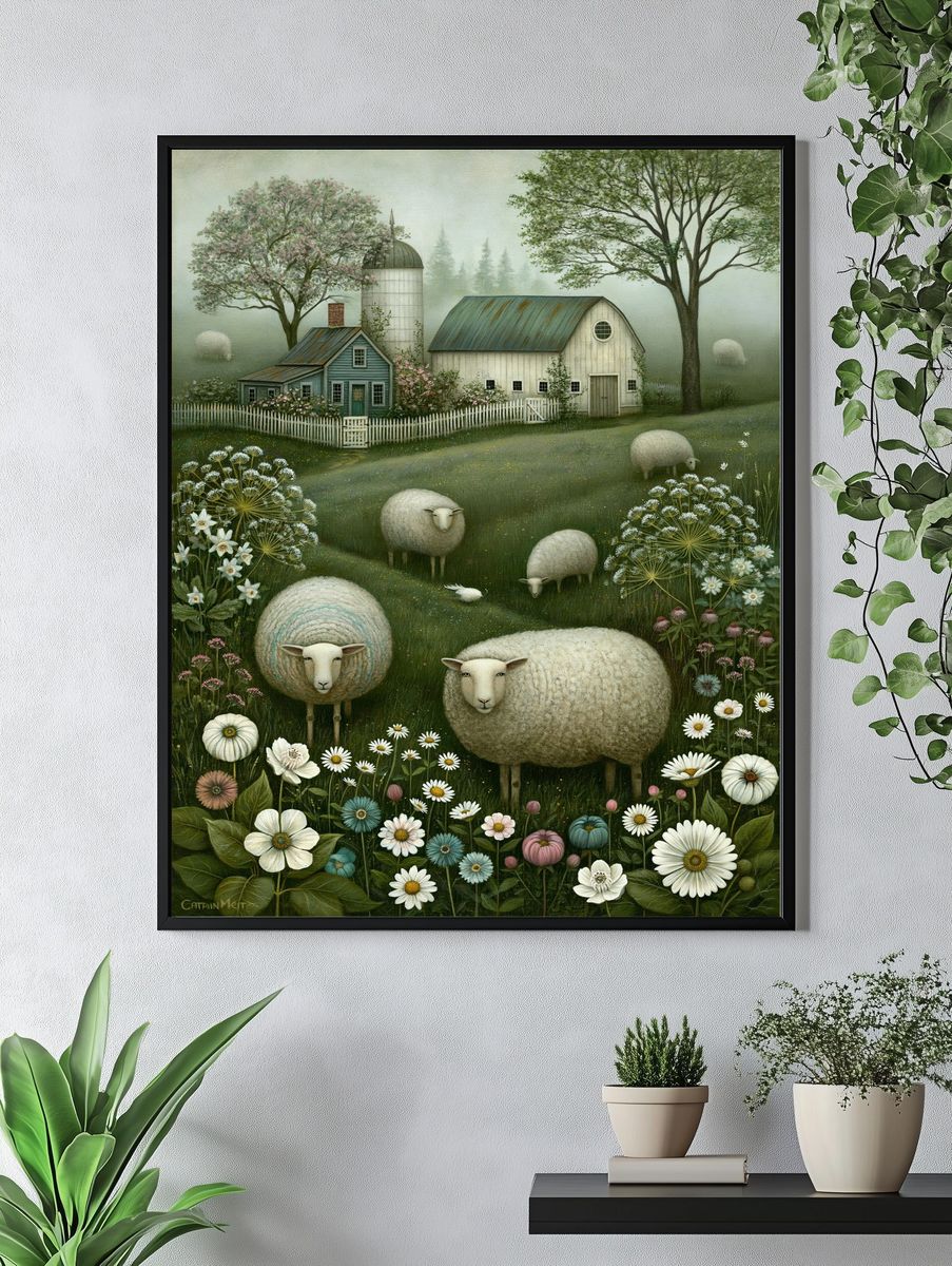Pastoral Sheep Meadow Illustration Poster. — room view 4