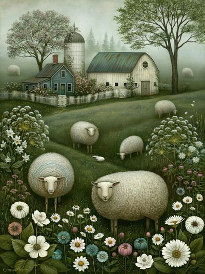 Pastoral Sheep Meadow Illustration Poster.