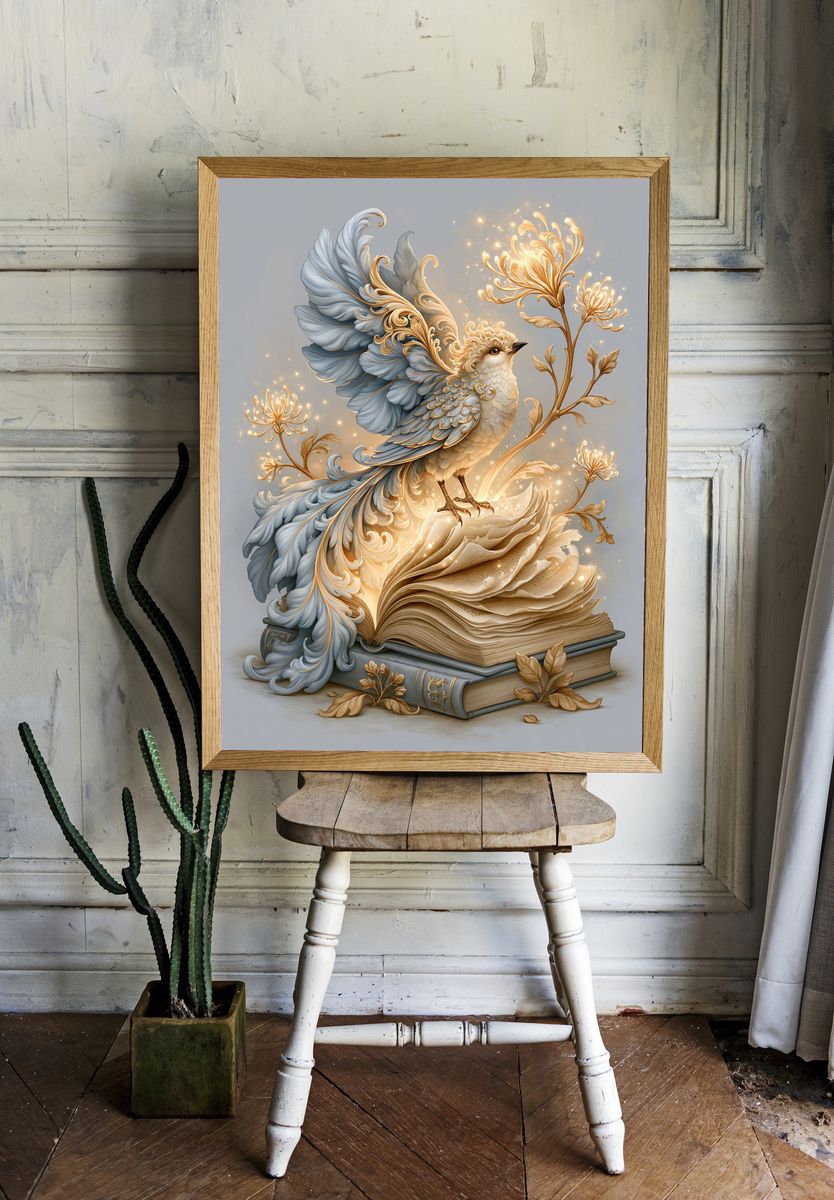 Enchanted Bird and Book Illustration Poster. room preview