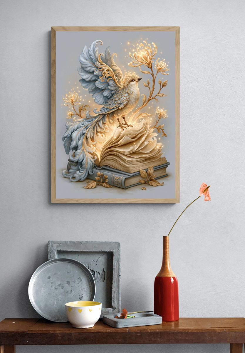 Enchanted Bird and Book Illustration Poster. — room view 3