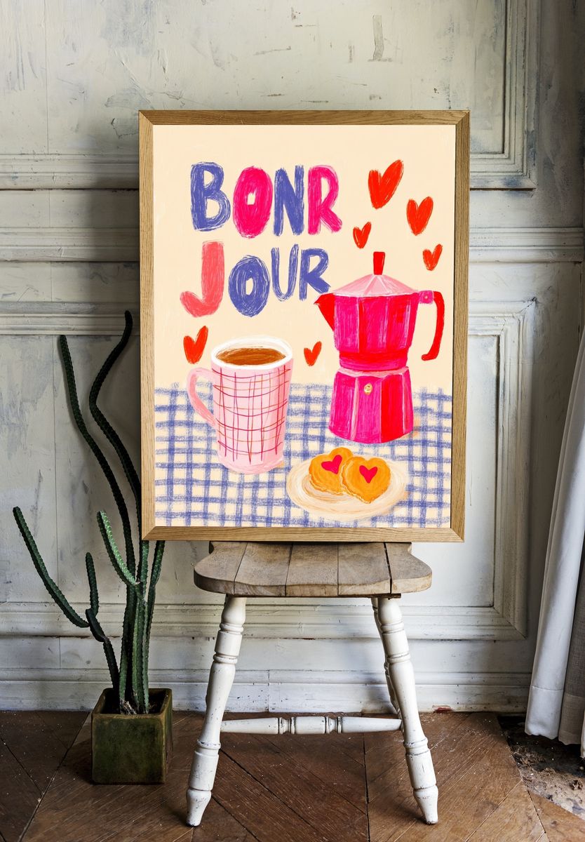 Bonjour Coffee Illustration Poster. — room view 1