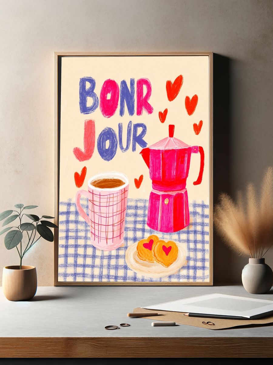 Bonjour Coffee Illustration Poster. — room view 2
