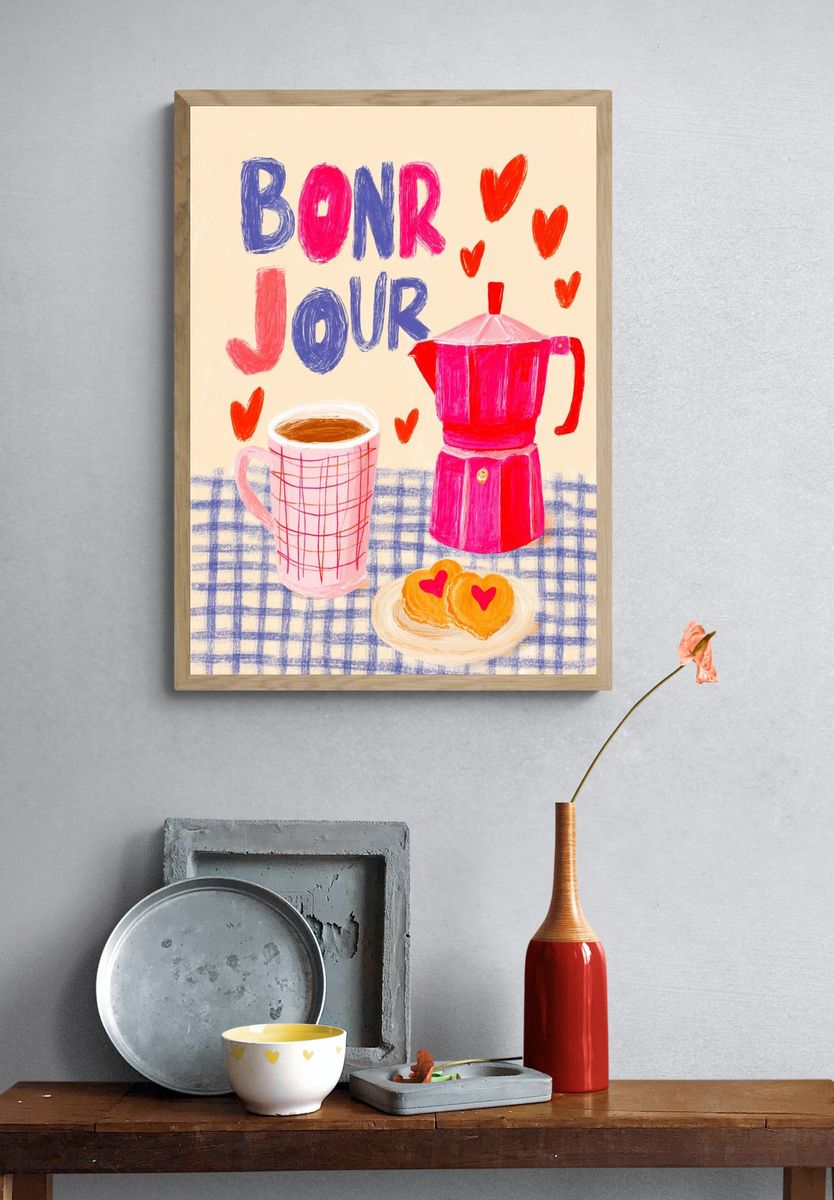 Bonjour Coffee Illustration Poster. — room view 3