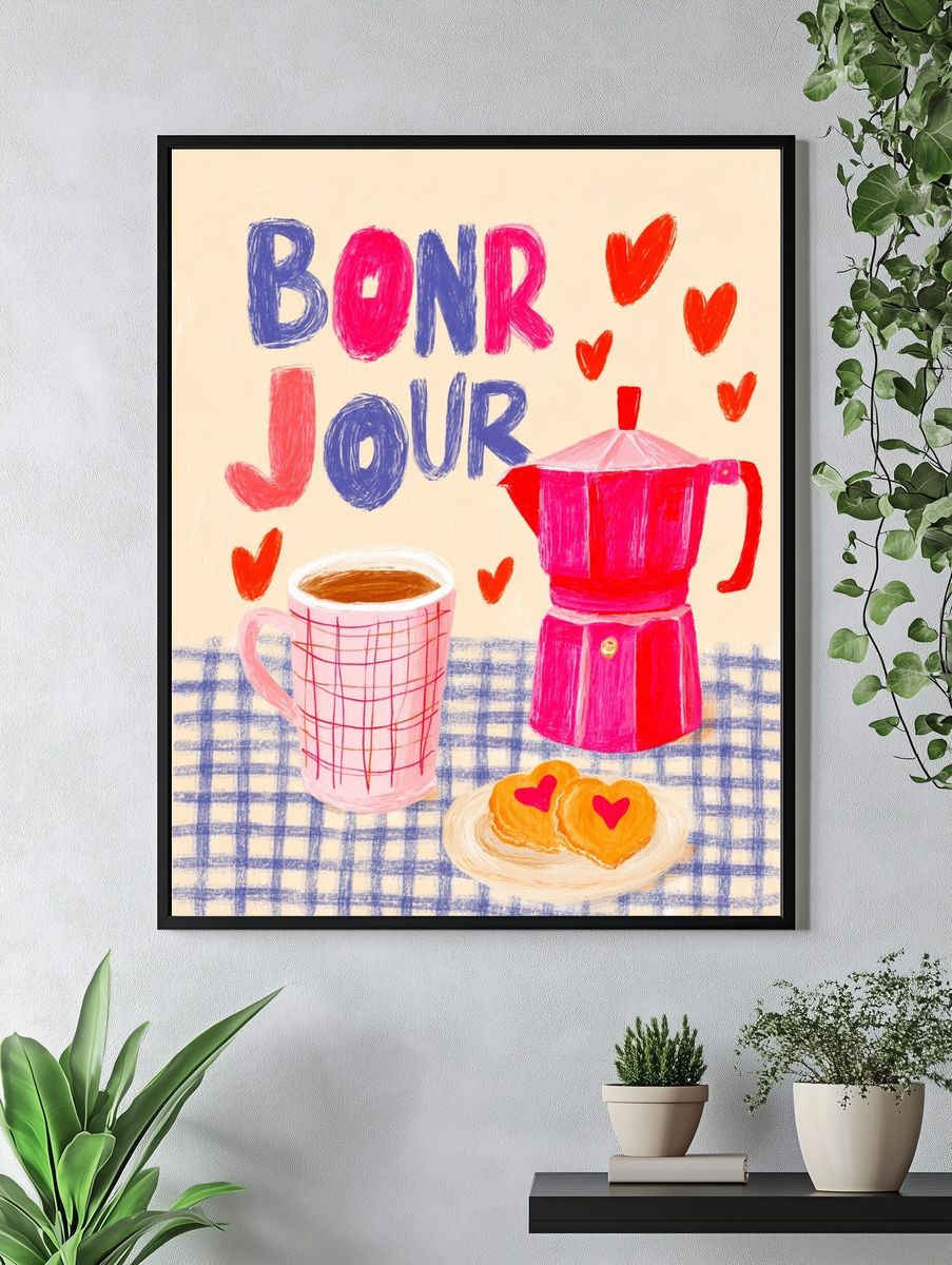 Bonjour Coffee Illustration Poster. — room view 4