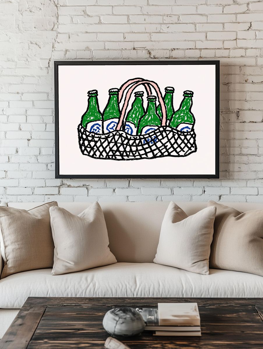 Beer Bottles Basket Illustration Poster. room preview