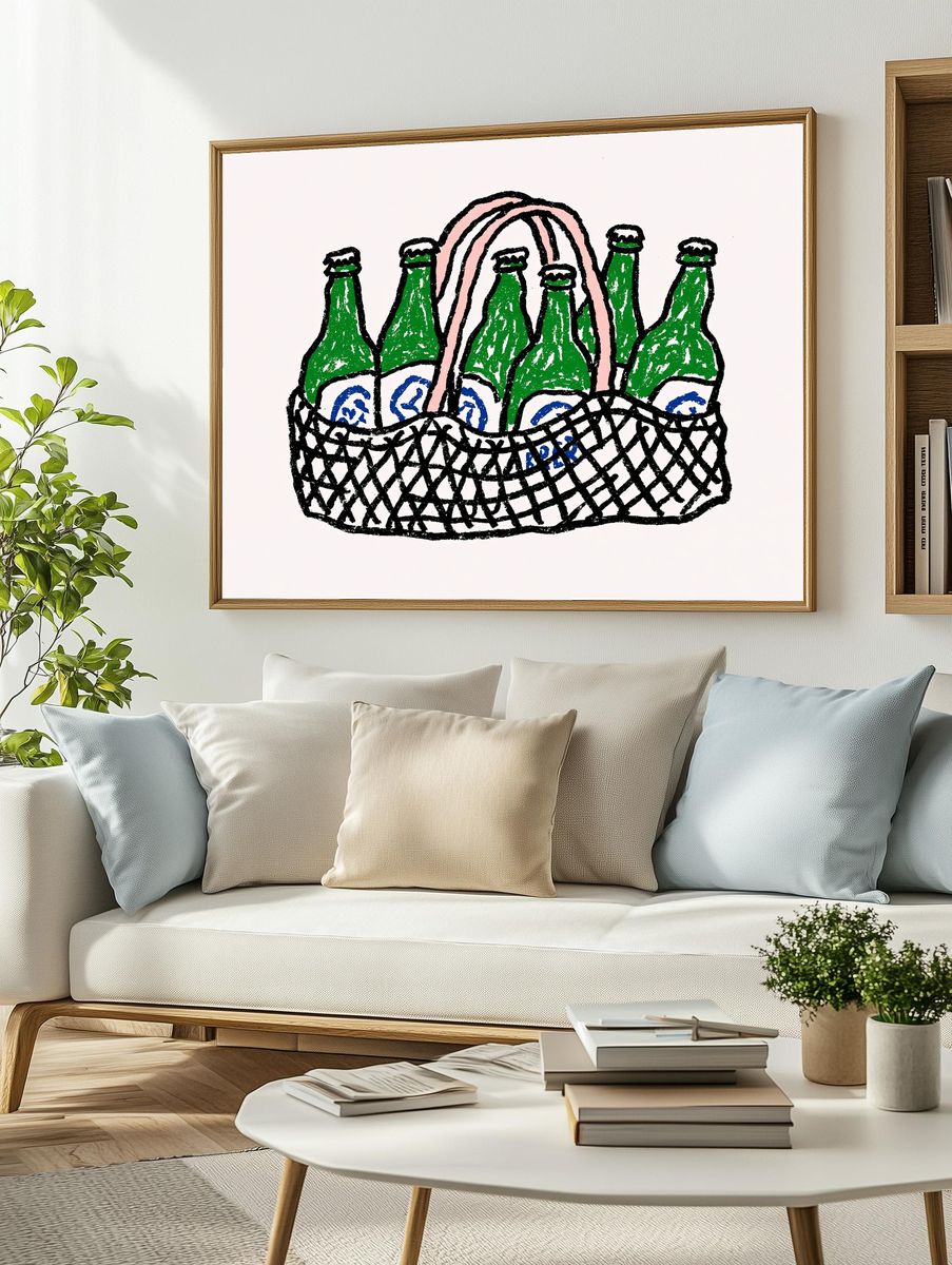 Beer Bottles Basket Illustration Poster. — room view 2