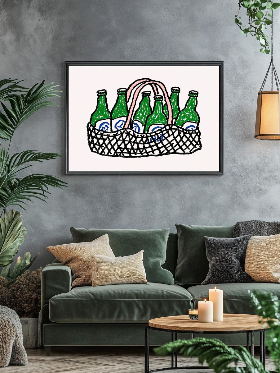 Beer Bottles Basket Illustration Poster. — room view 4