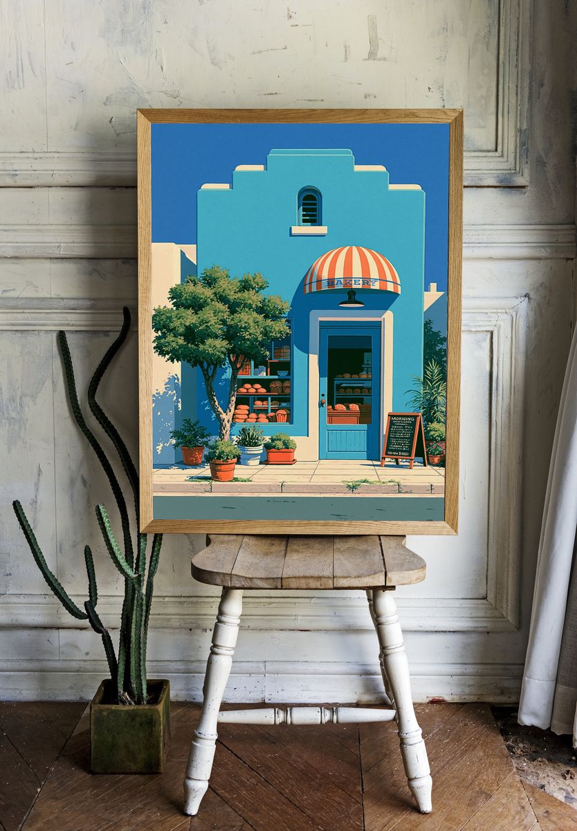 Blue Bakery Facade Illustration Poster. — room view 1