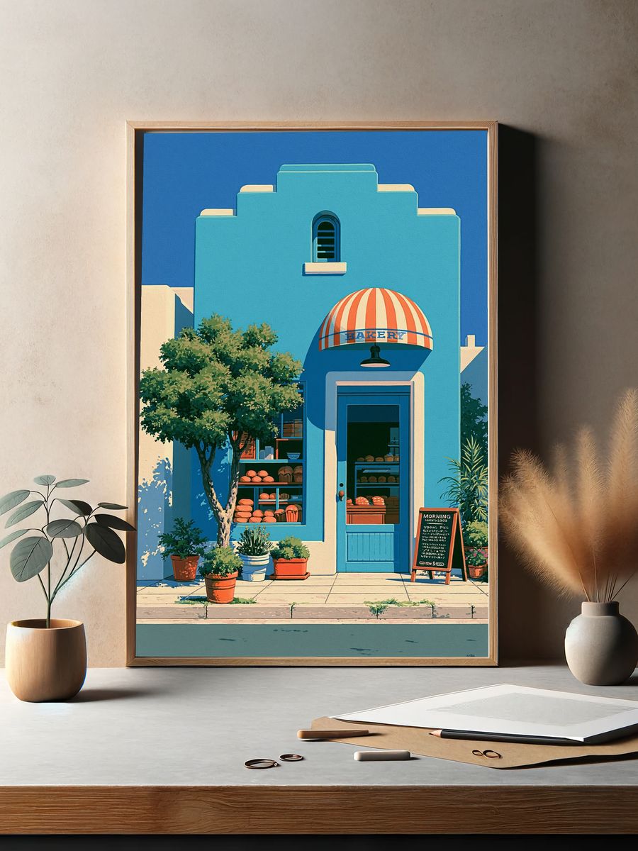 Blue Bakery Facade Illustration Poster. — room view 2