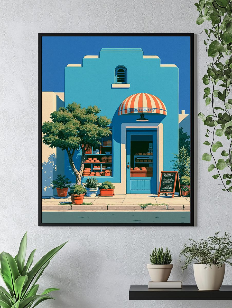 Blue Bakery Facade Illustration Poster. — room view 4