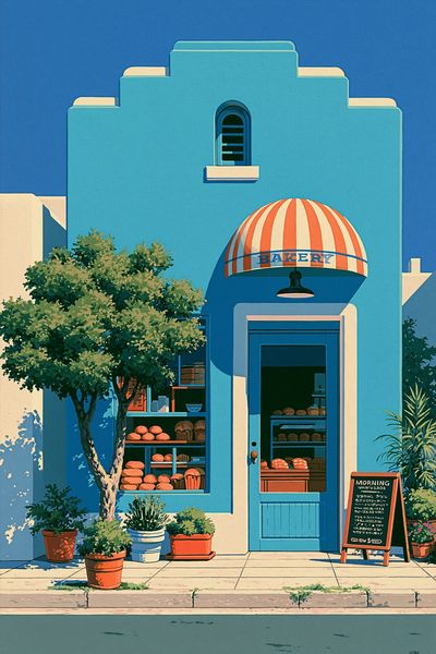 Blue Bakery Facade Illustration Poster.